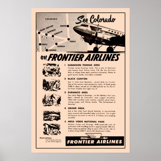 Anzeigenaufdruck der 1950er Frontier Airlines Poster (Vorne)