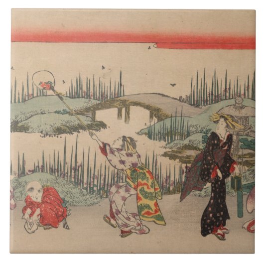 Anziehende Leuchtkäfer (Farbholzschnitt) Fliese (Vorderseite)