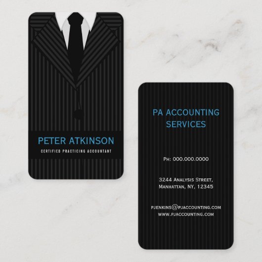 Anzug mit schwarzem und grauem Pinstripe Vertical Visitenkarte (Vorne/Hinten)