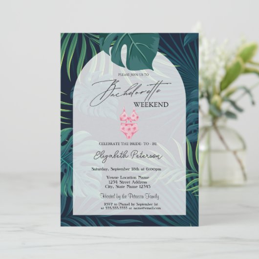 Anzug Palm Blätter Junggeselinnen-Abschied Einladung (Stehend Vorderseite)