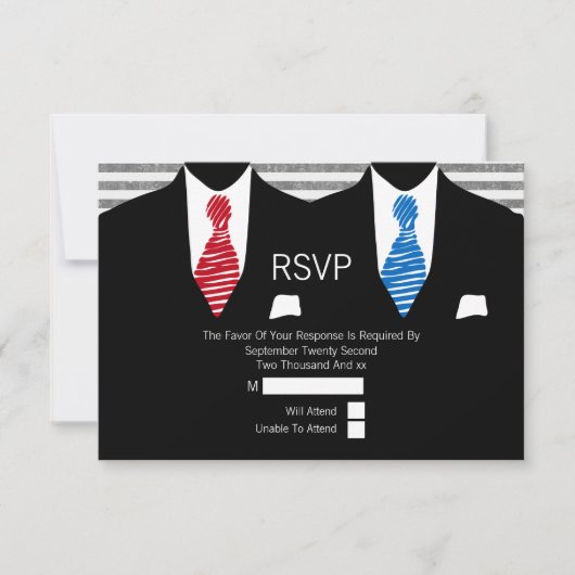 Anzug Red Blue Krawatte Gay Wedding RSVP Karte (Vorderseite)
