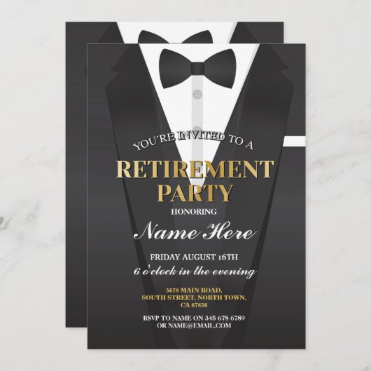 Anzug Tuxedo Retirement Party Bowtie Einladung (Vorne/Hinten)