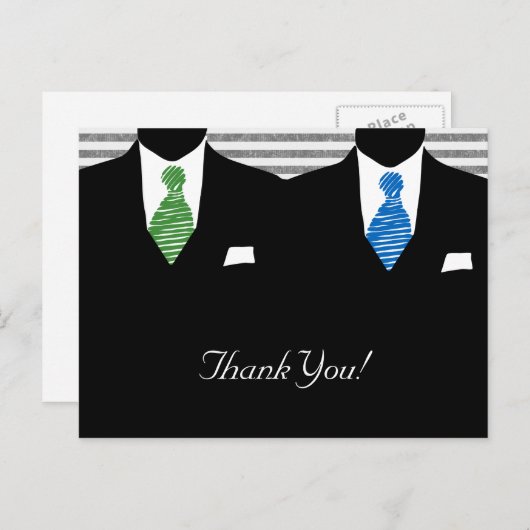 Anzug und Krawatte Gay Wedding Vielen Dank Postkarte (Vorne/Hinten)