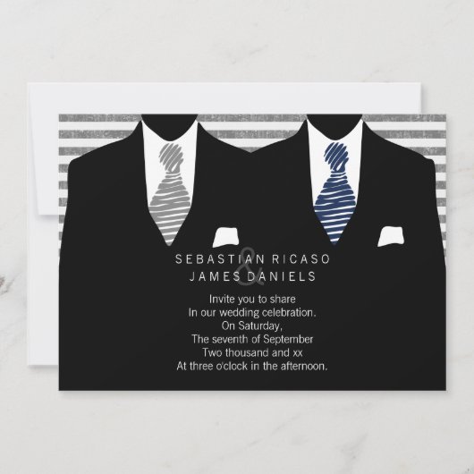 Anzug und Krawatte (grau / blau) Gay Wedding Einladung (Vorderseite)
