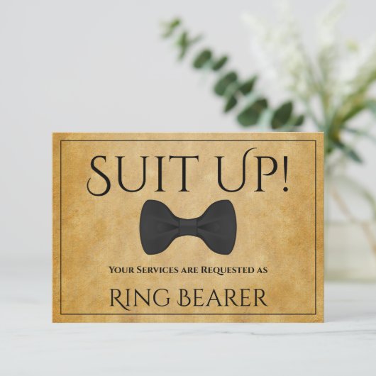 Anzug Up Be My Ring Bearer Imitats Perchcard Karte (Stehend Vorderseite)