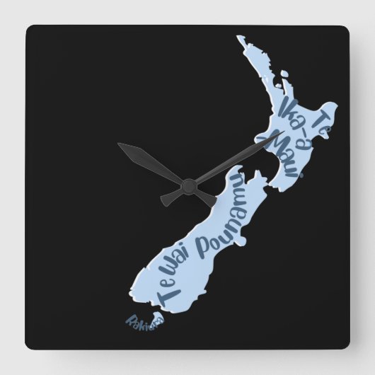 Aotearoa NZ Map, Islands in Māori language Quadratische Wanduhr (Vorderseite)