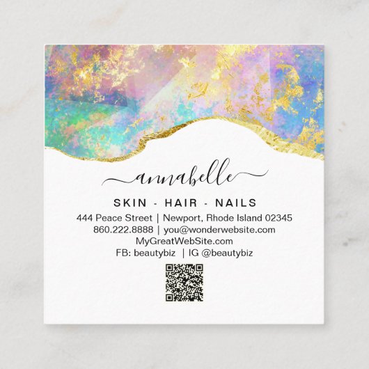 *~* AP26 OPAL Rainbow QR Gold Glitzer Ethereal Quadratische Visitenkarte (Rückseite)