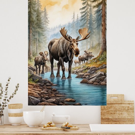 *~* AP49 MOOSE Herd Stream Nature Forest Poster (Küche)