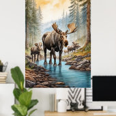 *~* AP49 MOOSE Herd Stream Nature Forest Poster (Heimbüro)