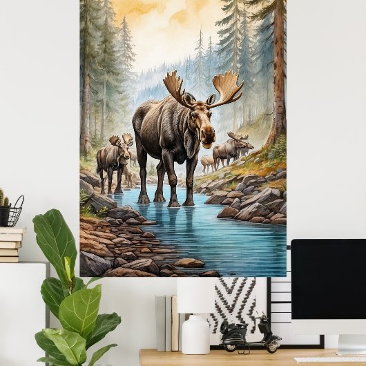 *~* AP49 MOOSE Herd Stream Nature Forest Poster (Heimbüro)