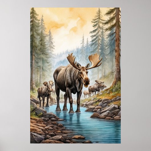*~* AP49 MOOSE Herd Stream Nature Forest Poster (Vorne)