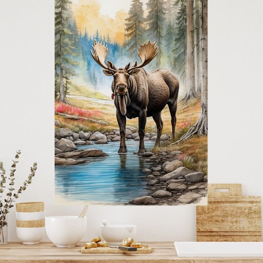 *~* AP49 MOOSE Rocks Stream Forest Nature Poster (Küche)