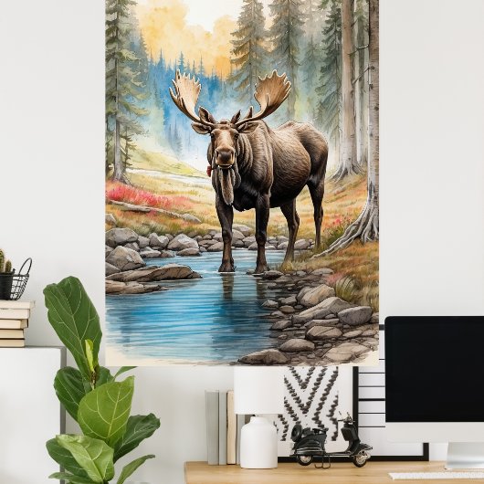 *~* AP49 MOOSE Rocks Stream Forest Nature Poster (Heimbüro)