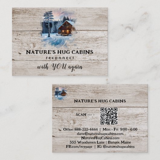 *~* AP49 Rustikale Hütte QR Holzplanks Winter Visitenkarte (Vorne/Hinten)