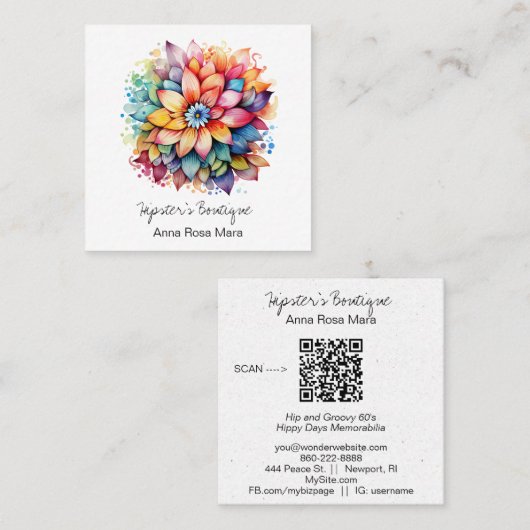 *~* AP57 Boho QR Bold Retro 60's Blume Bouquet Quadratische Visitenkarte (Vorne/Hinten)