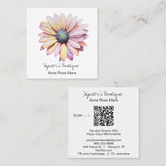*~* AP57 Boho QR Bold Retro 60's Blume DAISY Quadratische Visitenkarte (Vorne/Hinten)