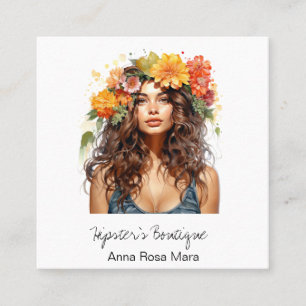 *~* AP57 QR Orange Boho Blumen Haar Hippie Dame Quadratische Visitenkarte