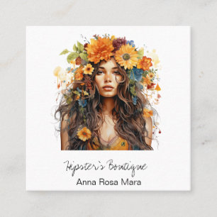 *~* AP57 QR Orange Boho Blumen Haar Hippie Mädchen Quadratische Visitenkarte