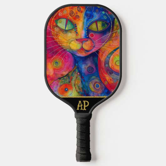 *~* AP68 Whimsical Quirky Cat Vibrant Colorful 8 Pickleball Schläger (Vorderseite)