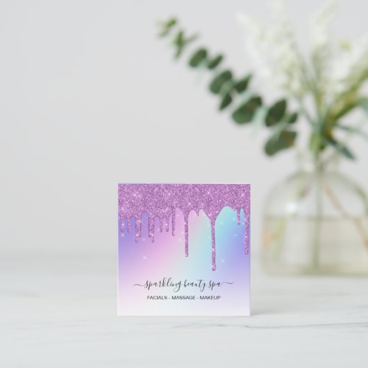 *~* AP7 PASTEL Rainbow Tropfens GLITZER Lila Quadratische Visitenkarte (Stehend Vorderseite)