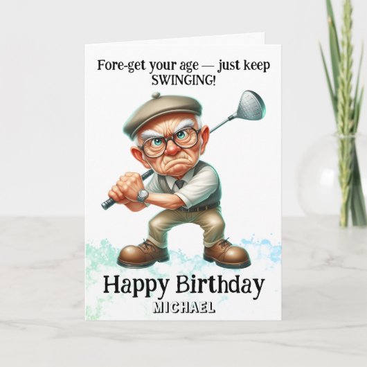 *~* AP94 Funny Old Man Golf Swinging Birthday Card Dankeskarte (Vorderseite)