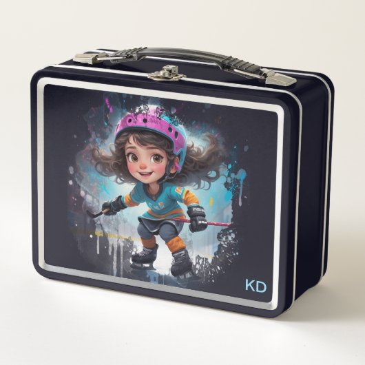 *~* AP94 Ice Hockey Girl Player Cute 22 Initials Metall Brotdose (Vorderseite)