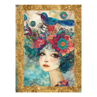 *~ AP95 Capricious Frau Floral Gold Glitter Kunst Fotodruck