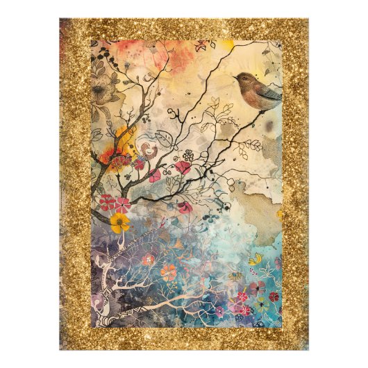 * AP95 Whimsical Floral Art Nature BIRD Glitzer Fotodruck (Vorne)