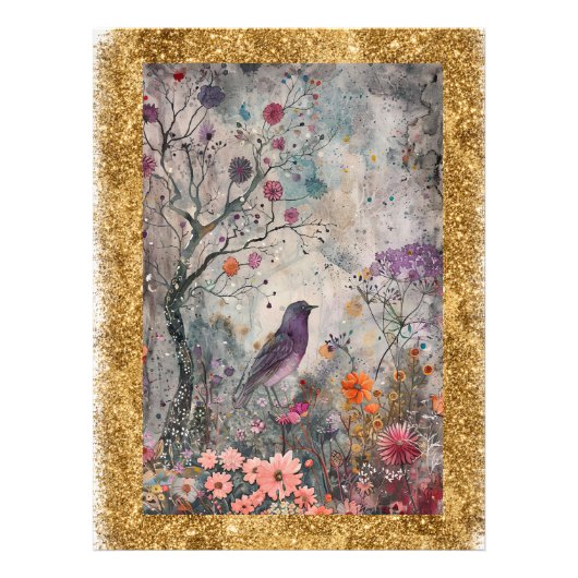 * AP95 Whimsical Floral Art Nature Gold Glitzer Fotodruck (Vorne)