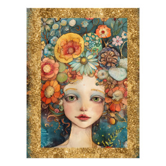 *~ AP95 Whimsical Woman Blume Gold Glitzer Art Fotodruck