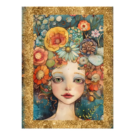 *~ AP95 Whimsical Woman Blume Gold Glitzer Art Fotodruck (Vorne)