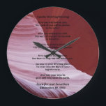 Apache Wedding Blessing Canyon Photo Clock Custom Große Wanduhr<br><div class="desc">This beautiful apache wedding blessing, which begins with "now you shall feel no rain ... ", is made into a clock. It contains the blessing, with the background as an original photograph taken in a slot canyon on the reservation. The swirling pink and purple sandstone is a colorful and fitting...</div>