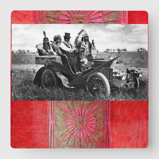 APACHEN UND GERONIMO FAHREN MIT KRAFTFAHRZEUG QUADRATISCHE WANDUHR (Vorderseite)