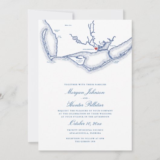Apalachicola FL Map Elegant Navy Wedding Einladung (Vorderseite)