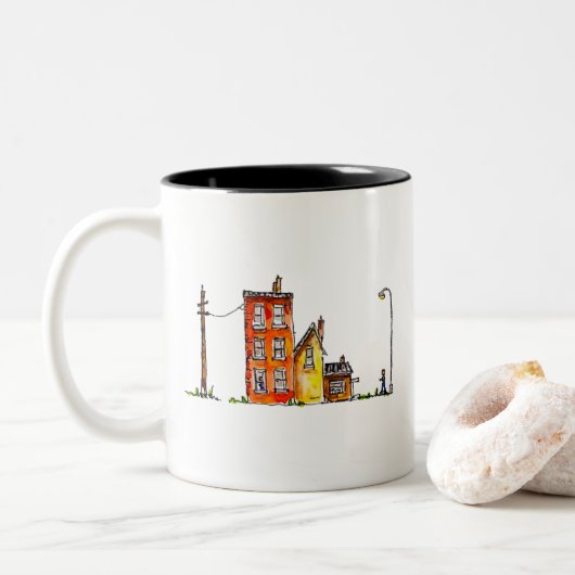 Apartment in Aquarellfarbe mit Street Light Zweifarbige Tasse (Mit Donut)