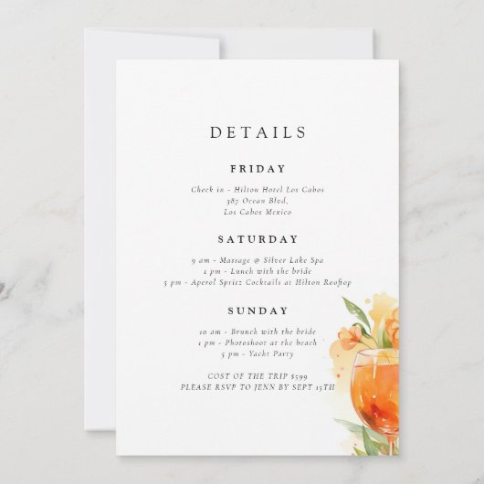 Aperol Spritz Citrus Bachelorette Weekend Einladung (Rückseite)