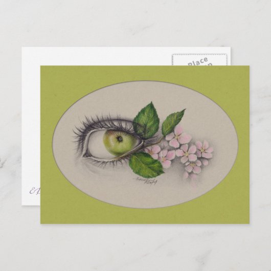 Apfel aus meinem Auge Surreal zeichnend Kunst Grün Postkarte (Vorne/Hinten)