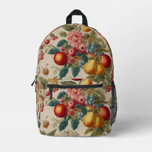 Äpfel, Birnen, Trauben, rosa Blume. Französisch be Bedruckter Rucksack