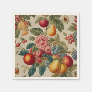 Äpfel, Birnen, Trauben, rosa Blume. Französisch ge Serviette