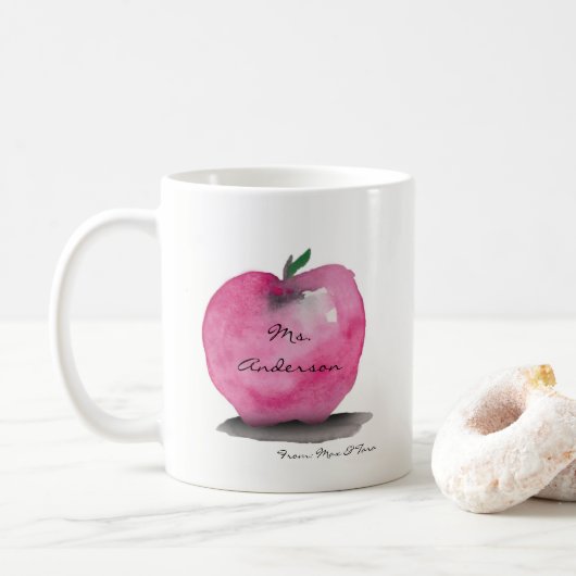 Apfel mit dem Namen des Lehrers, von Schüler, Brau Kaffeetasse (Mit Donut)