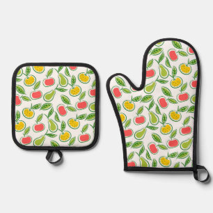 Äpfel Orangen und Birnen Fruchtmuster Ofenhandschuh & Topflappen-Set