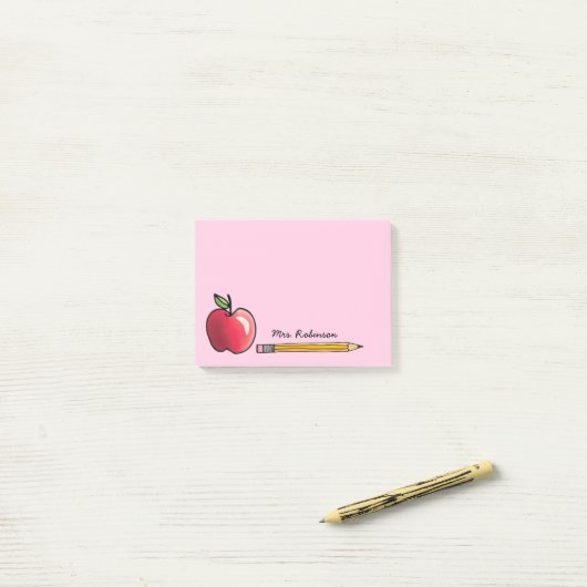Apfel- und Bleistiftehrer Personalisiert Pink 4x3 Post-it Klebezettel (Auf Schreibtisch)