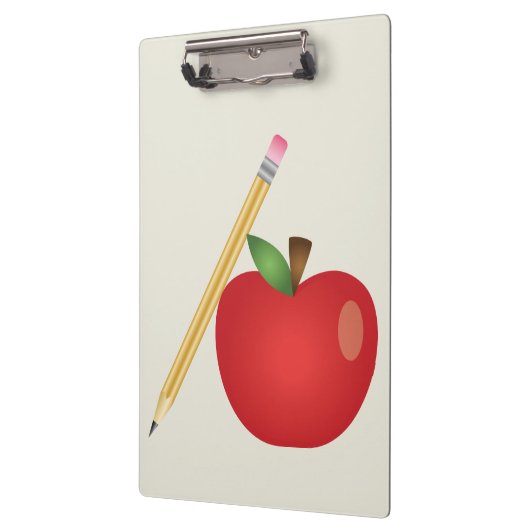 Apfel und Gelbstift aus rotem Cartoon Klemmbrett (Links)
