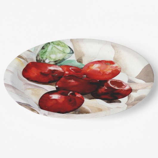 Äpfel und grünes Glas Pappteller (Schrägansicht)