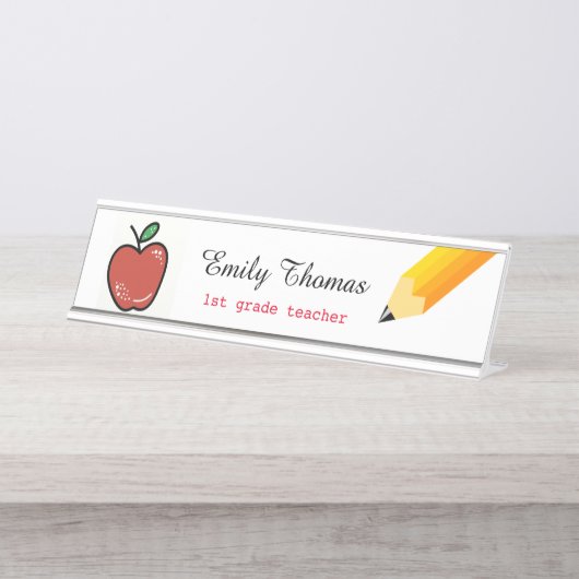 Apfel- und Yellow Pencil School Lehrer Klassenzimm Schreibtischnamensplakette (Vorderseite )