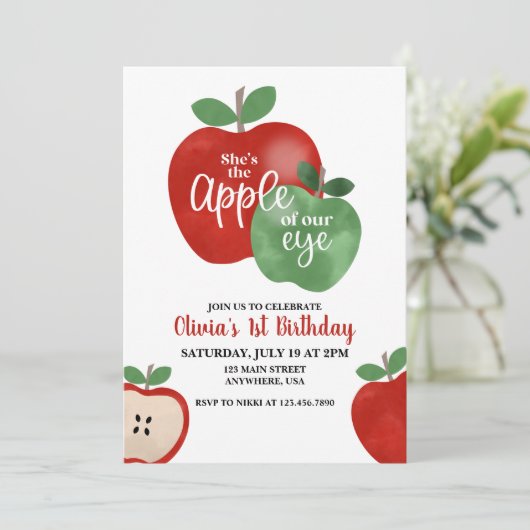 Apfel unserer Einladung zum 1. Geburtstag (Stehend Vorderseite)