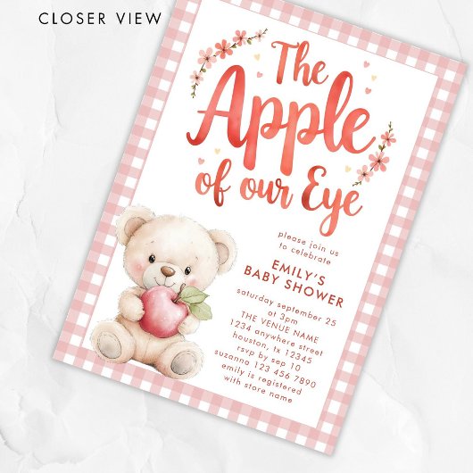 Apfel unserer Eye Pink Gingham Bear Baby Dusche Einladung