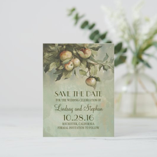 Apfelbaum rustikale Save the Date Postkarten (Stehend Vorderseite)