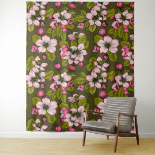 Apfelblüte auf dunkelgrün wandteppich