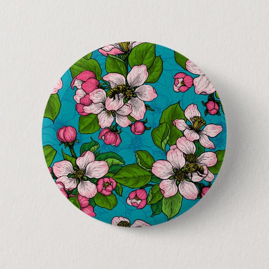 Apfelblüte auf Türkis Button (Vorderseite)